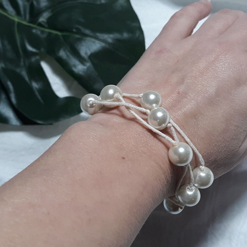 Rope Faux Pearl Bracelet Beach Vacation Boho Hippie White Natural Nature